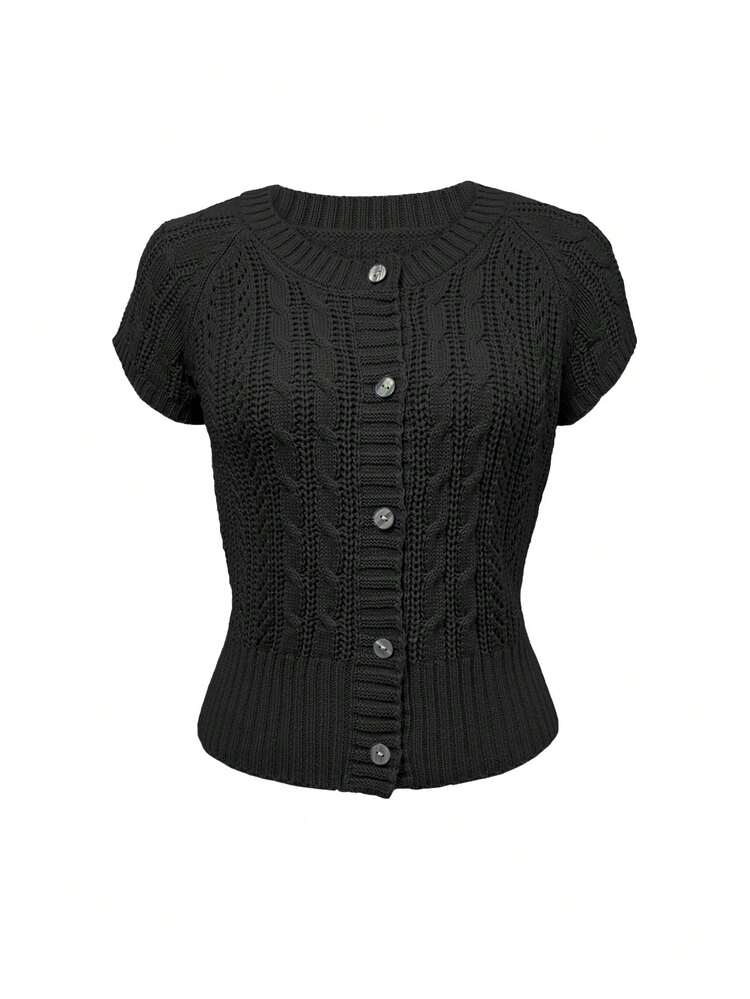 SHEIN New Vintage Single-Breasted Raglan Sleeve Cable Knit Top