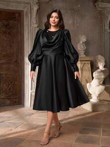 Aureia Plus Size Elegant Romantic Black Ruffle Collar Puff Sleeve A-Line Dress, Suitable For Wedding, Party, Celebration, Formal Evening Gown