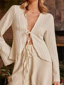 Lullawish Women's Solid Color Long Sleeve Front Tie Pajama Top - Apricot - View 1