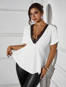 Elenzga 大码女式休闲蕾丝边V领T恤 - 黑與白 - 查看 3