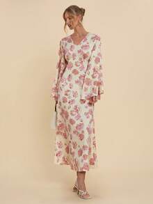 COSMINA Đầm dài nữ thanh lịch in hoa, cổ chữ V, tay cánh dơi, eo thon, thích hợp cho các kỳ nghỉ, hẹn hò, tụ họp, đầm kimono, đầm dài tay, đầm in hoa, đầm dài nữ, đầm quấn. - Nhiều màu - Xem 3