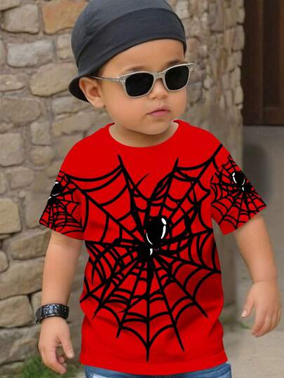Camiseta de manga corta holgada de cuello redondo minimalista casual para niño, adecuada para otoño, con estampado clásico y fresco de araña y telaraña