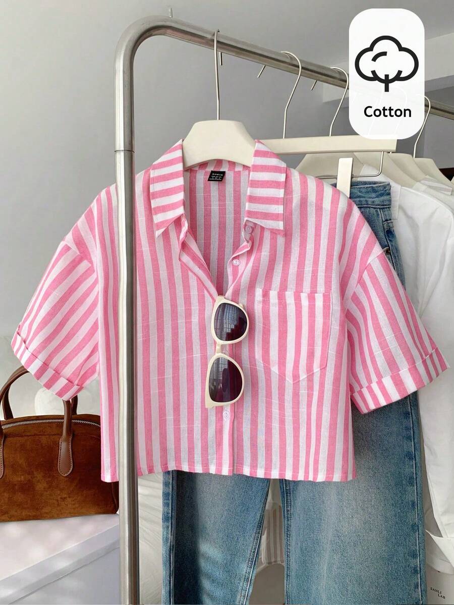 Elamini 条纹短款宽松翻领短袖女式衬衫 - 玫紅色 - 查看 1