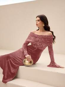 Modelyn 秋冬露肩丝绒花卉拼接纯色丝绒修身鱼尾喇叭袖优雅派对连衣裙，红色 - 粉色 - 查看 7