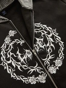 ROMWE MEN Anime Men's Houndstooth Patchwork 3D Ear Design Zipper Front Casual Hoodie, Long Sleeve Top - Black - View 5