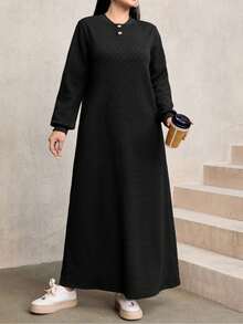 Modelyn 女士休闲宽松纹理面料圆领长连衣裙，藏蓝色，秋冬款 - 黑色 - 查看 4