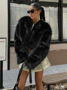 SHEIN EZwear 女士秋冬米色蓬松短外套 - 黑色 - 查看 4