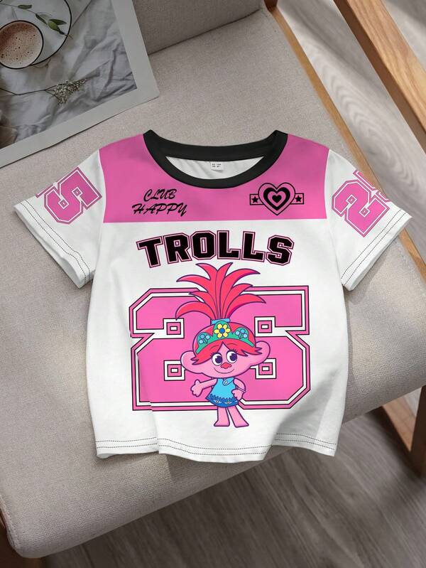 SHEIN Trolls Young Girl Colorblock Cartoon Figure Graphic Round Neck Short Sleeve T-Shirt