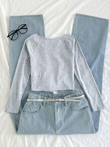 SHEIN 少女高领纯色长袖T恤，百搭基础款打底衫 - 灰色 - 查看 2