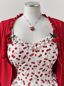 Sweetra 大码女装两件套：樱桃印花连衣裙，复古优雅设计，搭配时尚荷叶边领长袖外套，适合日常穿着、返校季、春季、夏季、秋季、假期、热带风情、优雅、度假、可爱、派对、飘逸、下午茶、早午餐等多种场合，散发优雅的女性魅力。 - 彩色 - 查看 3