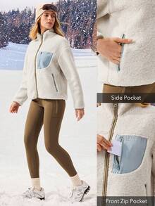 OutZeal 女士柔软保暖抓绒立领口袋拉链外套户外抓绒徒步露营秋冬季 - 米色 - 查看 4