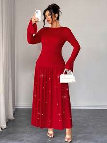 SHEIN Elenzya Elenzga 女士加大码优雅修身喇叭袖网纱拼接串珠连衣裙，秋冬款 - 紅色 - 查看 4