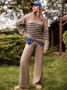 Cloudara Women Stripe Pattern Exposed Seam Detailed Round Neck Drop Shoulder Pullover & Sweater Pants Knit Two Piece Set,Co Ord,Winter Clothes - Beige - View 1