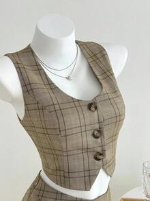 Elamini 返校格子V领纽扣设计背心和低腰百褶裙套装 - 棕色 - 查看 7