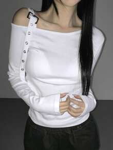 DAZY 女士斜领搭扣修身休闲不对称肩长袖T恤 春季 - 白色 - 查看 3