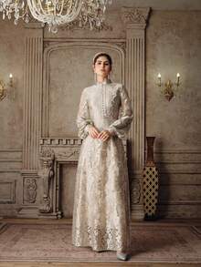 Anewsta 女士新款优雅喇叭长袖刺绣连衣裙，杏色/香槟色，适合派对、生日、情人节等场合 - 杏色 - 查看 4