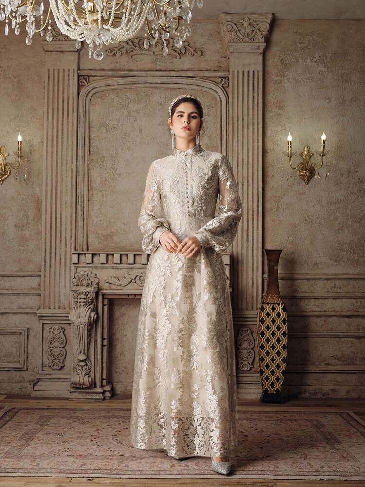 Anewsta 女士新款优雅喇叭长袖刺绣连衣裙，杏色/香槟色，适合派对、生日、情人节等场合 - 杏色 - 查看 4