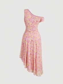 SHEIN MOD 滿版印花不對稱領褶邊不對稱下擺連衣裙 - 粉色 - 查看 2