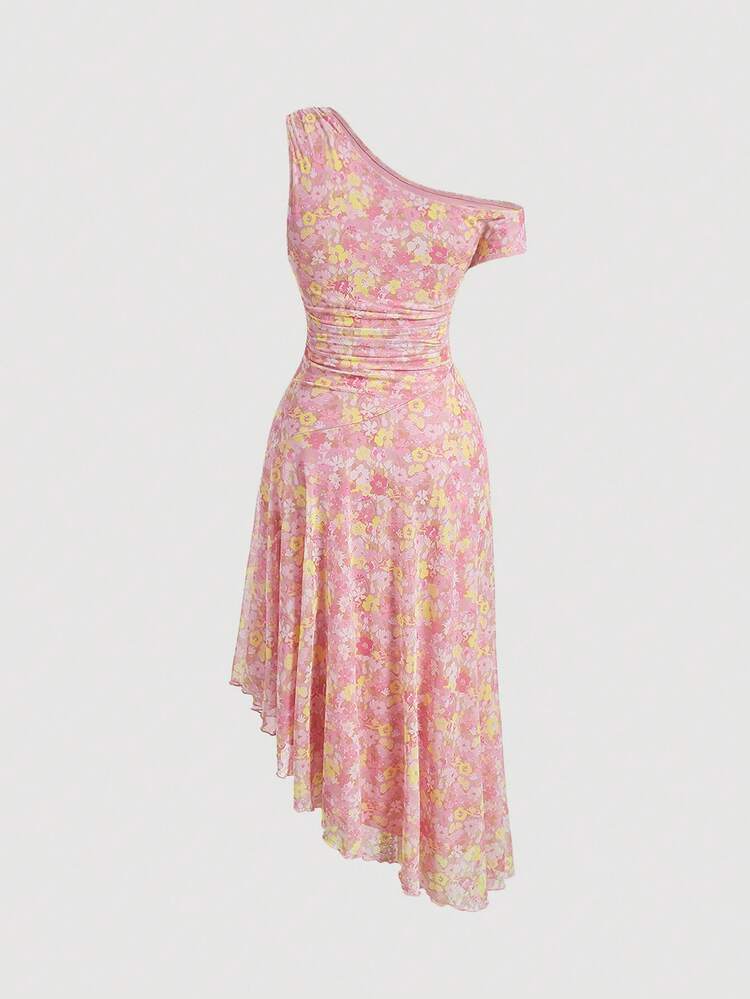 SHEIN MOD 滿版印花不對稱領褶邊不對稱下擺連衣裙 - 粉色 - 查看 2