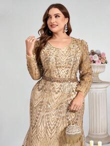 Coutiva Đầm cỡ lớn sang trọng, thanh lịch, thêu sequin, cổ chữ V, tay dài, đính ngọc trai và đá quý, thích hợp mặc mùa thu đông, dự tiệc, dạ hội, đám cưới. Đầm đính cườm, đầm trang trí, đầm vàng, đầm đính đá, đầm cao cấp cho nữ, đầm vàng nữ. - Vàng - Xem 3