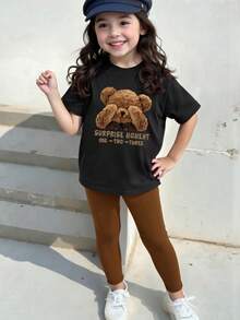 Elladie kids 1 套女孩休闲时尚卡通熊印花短袖 T 恤和紧身裤套装，春夏