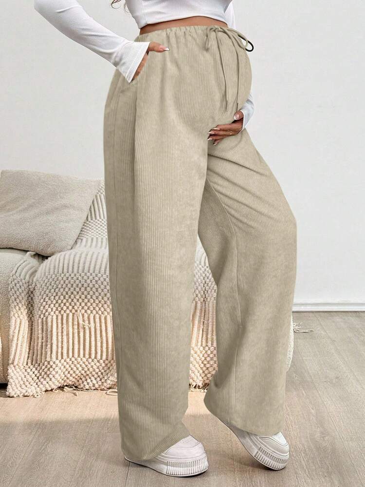 SHEIN Maternity Casual Solid Color Drawstring Waist Pants - Khaki - View 7
