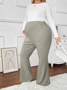 SHEIN 大码孕妇纯色弹力腰罗纹休闲修身喇叭裤 - 杏色 - 查看 4