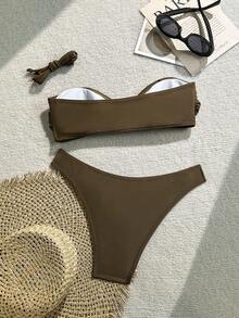 Swim Basics 女士纯色金属点缀可拆卸比基尼套装 - 咖啡棕 - 查看 2