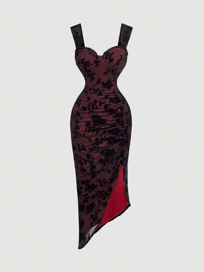 SHEIN MOD 女士优雅花卉植绒网纱开衩连衣裙，黑色返校节礼服，女巫礼服，吸血鬼礼服，优雅女装，亡灵节服装，哥特风