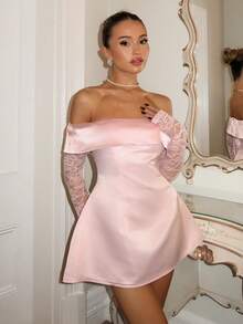 SHEIN Glamour 女士优雅露肩蕾丝拼接迷你连衣裙，适合生日派对、返校、毕业舞会、姐妹聚会、下午茶 - 粉色 - 查看 3