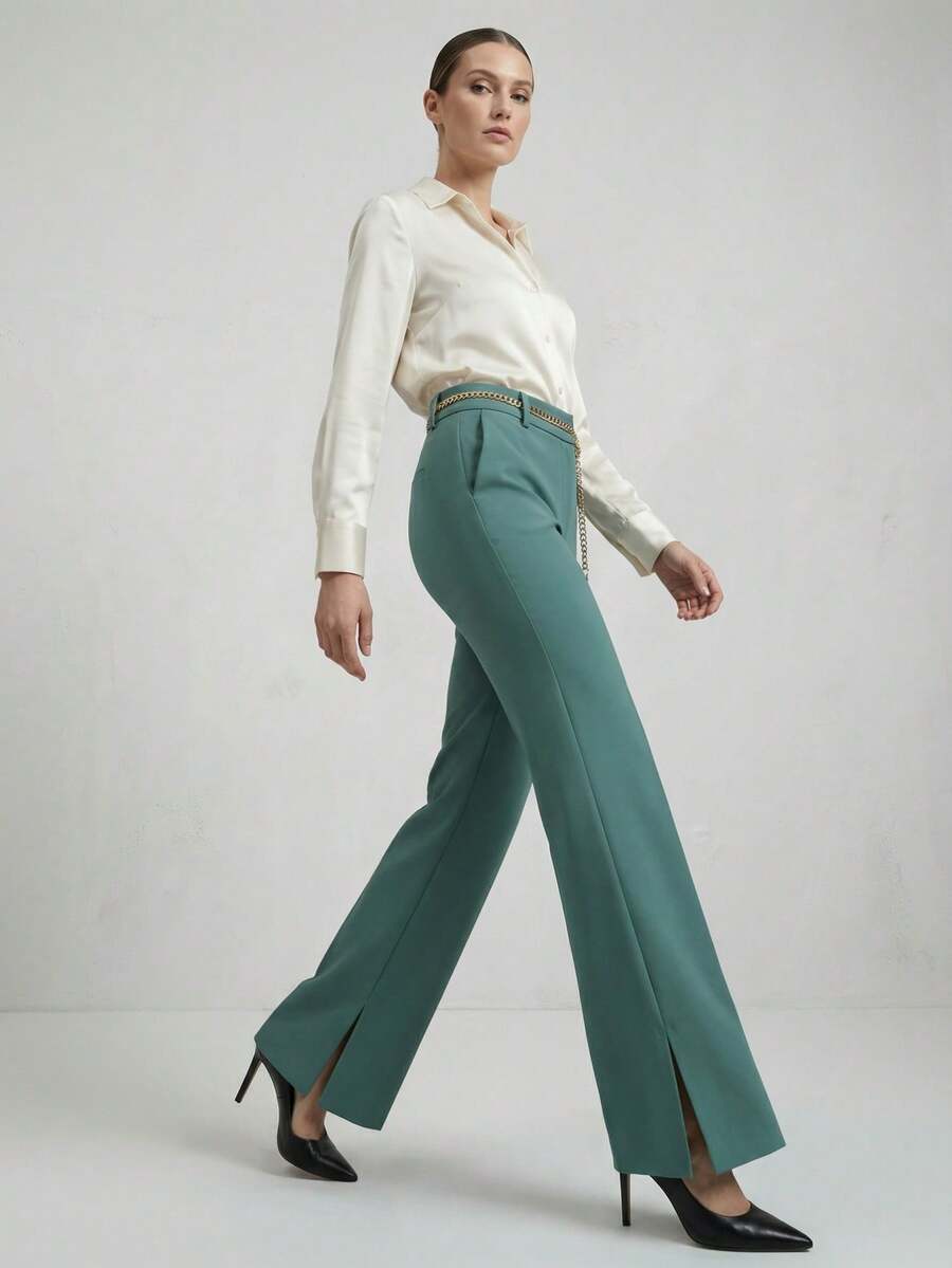 Maija 1 pezzo Pantaloni da donna aderenti a vita alta di colore verde scuro, adatti per l'inizio dell'autunno, pantaloni verde smeraldo, autunno inverno 2025, Natale, Capodanno - Verde - Visualizzare 1