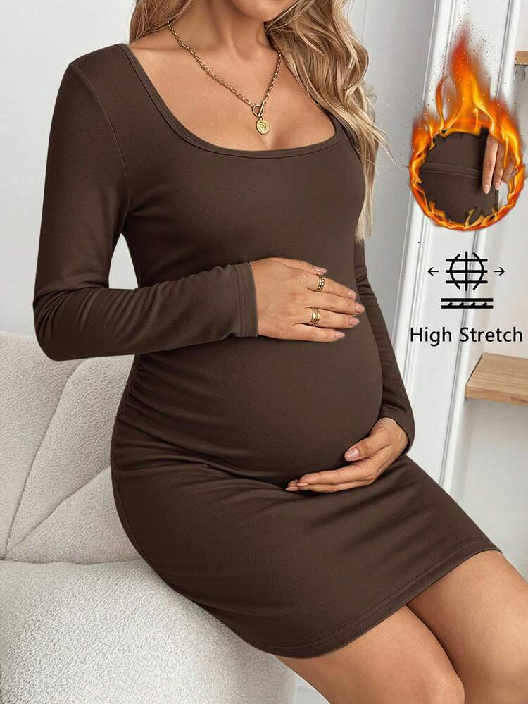 SHEIN 孕妇纯色长袖褶皱修身连衣裙，秋冬季 - 咖啡棕 - 查看 3