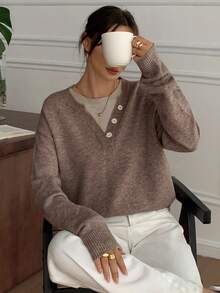 DAZY Casual Color Block Henley Neck Pullover, Soft Knit 2 In 1 Sweater For Women - Mocha Brown - View 4