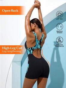 Swim Nautrix 一件式女士渐变蓝绿色露背镂空连体泳衣，带运动条纹 - 薄荷綠 - 查看 2