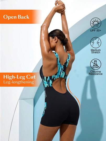 Swim Nautrix 1 pieza Traje de baño de una sola pieza con espalda de tirantes, degradado azul-verde y aberturas con rayas deportivas para mujer