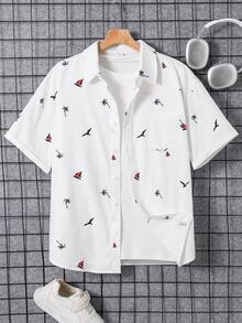 SHEIN Áo sơ mi ngắn tay màu trắng dành cho nam thiếu niên, in hình cây cọ nhiệt đới, thuyền và chấm bi, kiểu dáng giản dị, thoải mái, đa năng, phù hợp mặc hàng ngày, đi học, du lịch, lễ hội âm nhạc, tiệc tùng, kỳ nghỉ hè ở bãi biển. Áo sơ mi mùa hè, áo sơ mi in họa tiết nhiệt đới, áo sơ mi đi biển, áo sơ mi nam thường ngày. - trắng - Xem 4