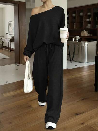 Muchica Women Plain Oblique Shoulder Long Sleeve Top And Pants Casual Suit