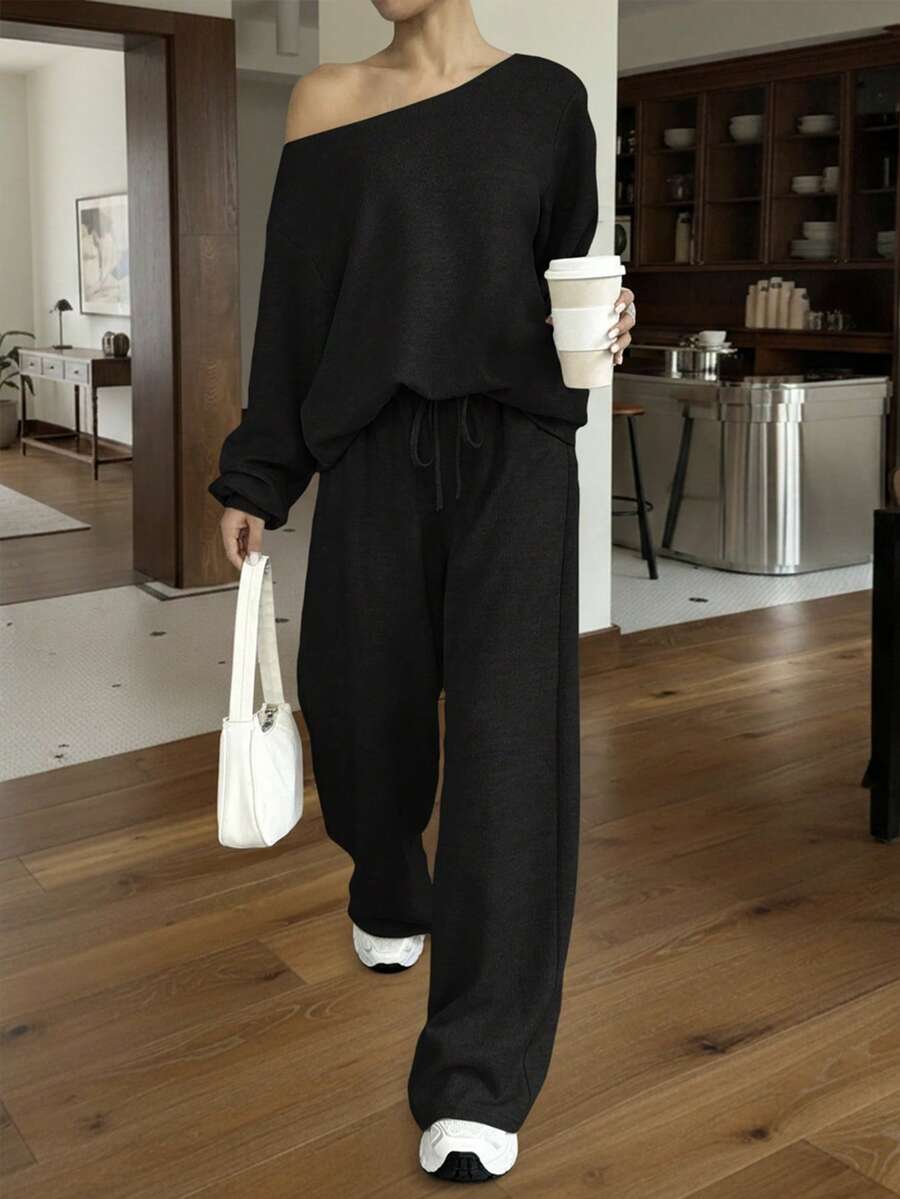 SHEIN EZwear 女士纯色斜肩长袖上衣和长裤休闲套装