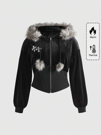 Plus Size Kpop Gothic Cross Fuzzy Collar Black Hoodie Sweatshirt, Women Plus Size Kpop Hoodie Jacket Tops, Women Plus Size Kpop Black Jacket Outerwear For Autumn/Winter