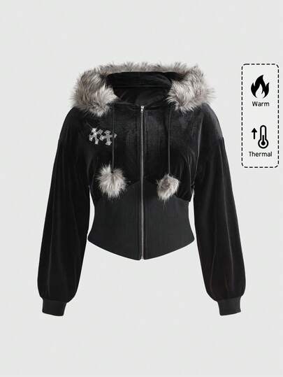 Plus Size Kpop Gothic Cross Fuzzy Collar Black Hoodie Sweatshirt, Women Plus Size Kpop Hoodie Jacket Tops, Women Plus Size Kpop Black Jacket Outerwear For Autumn/Winter