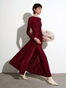 Aalyst 女士优雅浪漫褶皱收腰修身连衣裙，鱼尾裙摆，适合通勤、度假、下午茶、春秋季穿着。 - 酒紅色 - 查看 3