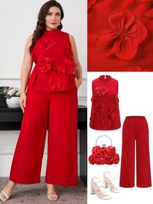 Ellevyn 大码女装两件套，优雅红色花卉图案两件套，派对礼服两件套，包含无袖上衣和长裤 - 紅色 - 查看 1