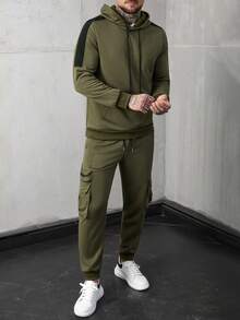 SLATEMANN 2 件套男士休闲纯色抽绳连帽运动衫和工装裤，秋季服装 - 軍綠色 - 查看 5