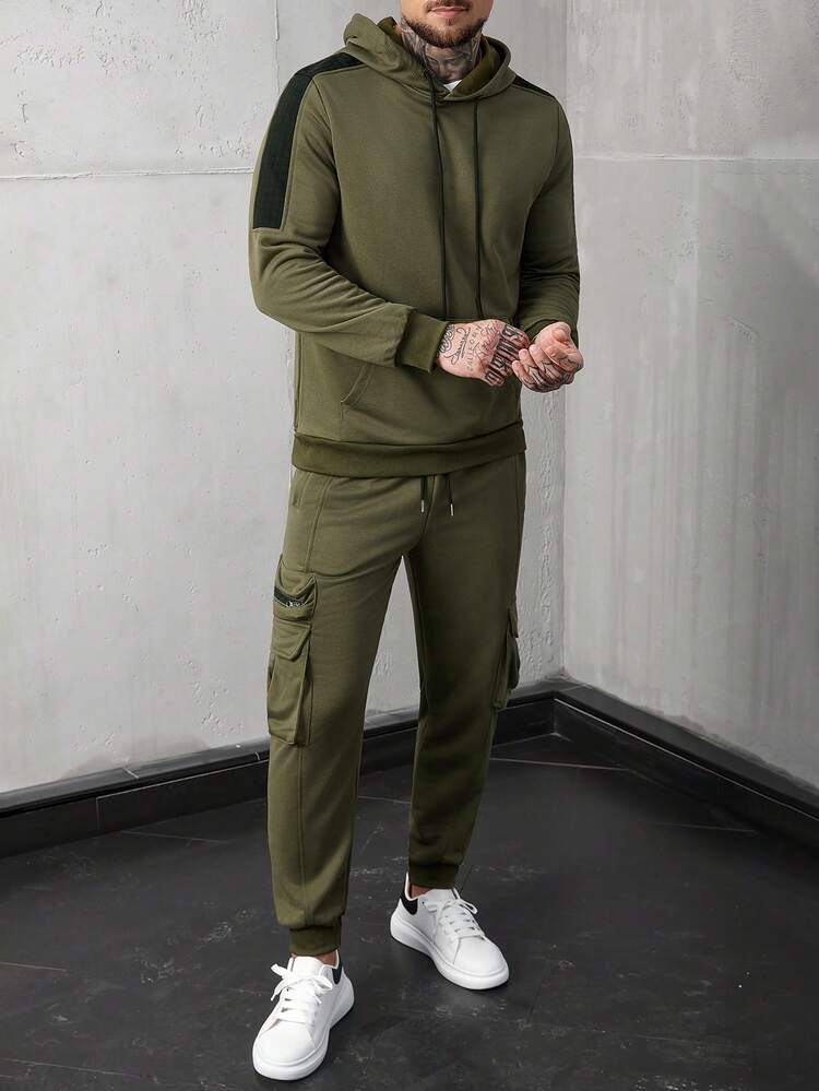 SLATEMANN 2 件套男士休闲纯色抽绳连帽运动衫和工装裤，秋季服装 - 軍綠色 - 查看 5