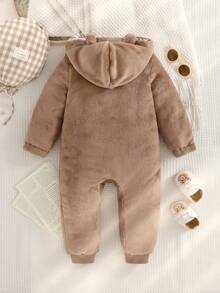 SHEIN 男婴休闲舒适连帽条纹可爱小熊刺绣双面法兰绒连体衣，适合日常休闲穿着，秋冬季 - 棕色 - 查看 2