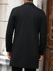 Manfinity Mode 男士加大码前开襟长袖口袋休闲商务外套，适合作为礼物送给朋友、丈夫或男友。男士黑色外套，男士双排扣外套，男士系带外套，男士长款外套，男士外衣，优雅高端的教堂风格，适合秋冬季节穿着。 - 黑色 - 查看 2