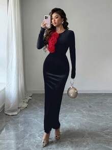 Rafferiza 女士秋冬圆领3D立体花卉丝绒修身收腰长裙，优雅适合假日、派对、圣诞晚宴 - 藏蓝色 - 查看 7