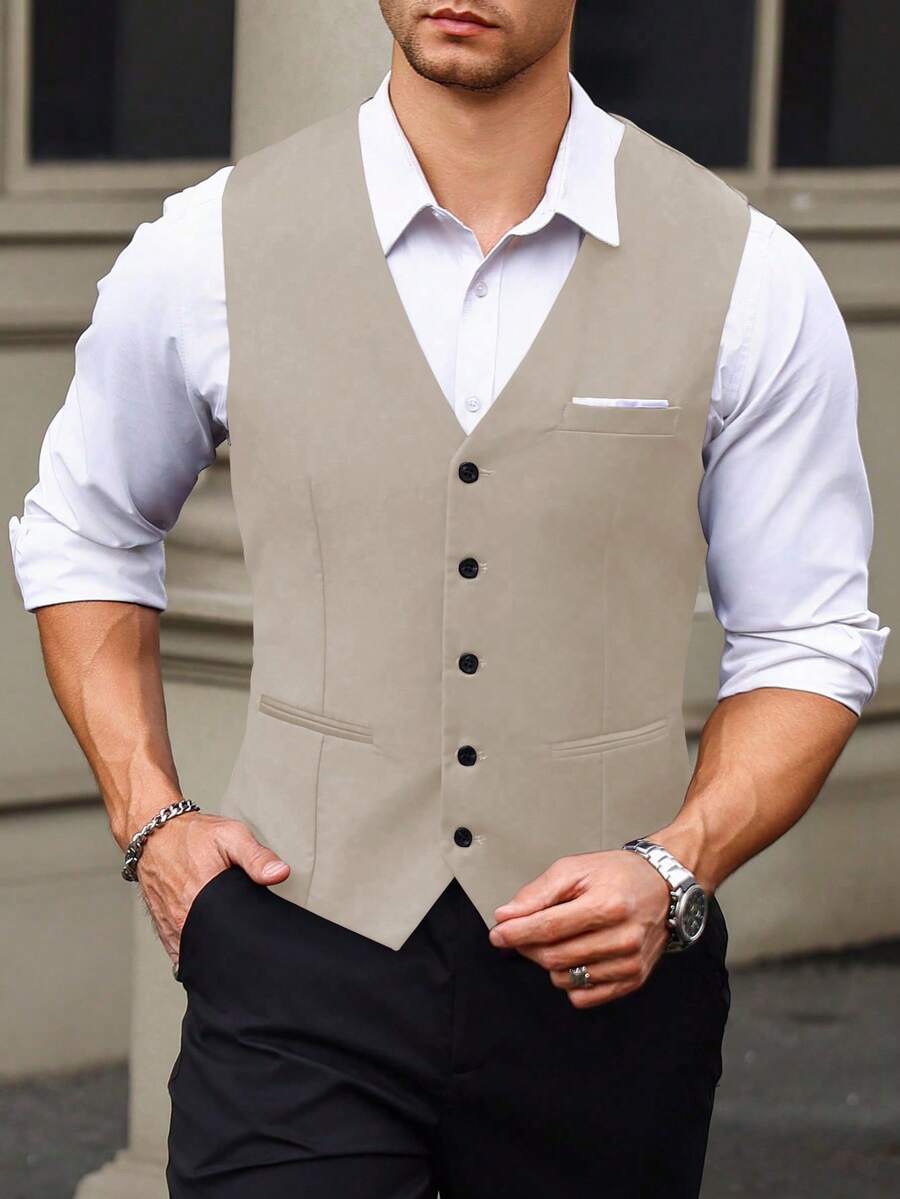 Manfinity Mode Men's Solid Color V-Neck Single-Breasted Casual Vest Men Waist Coat Men Dress Vest Waistcoat European Style Clothes Men - Apricot - View 1