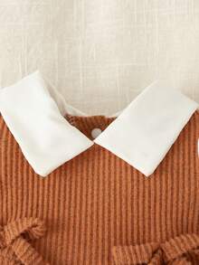 SHEIN 2件套新生女婴休闲套装，撞色翻领上衣搭配宽松针织裤，简约时尚 - 棕色 - 查看 8