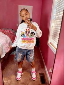 THE POWERPUFF GIRLS X SHEIN 少女可爱卡通女孩字母图案圆领落肩长袖针织白色卫衣 - 白色 - 查看 2